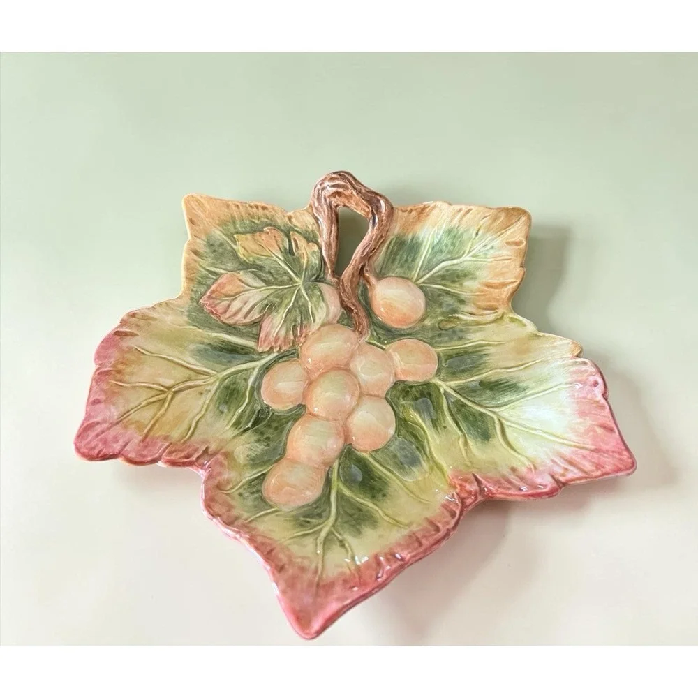 Fitz & Floyd Grape Vine Leaf Candy Nuts Trinket Bowl Dish Pastel Colors VTG